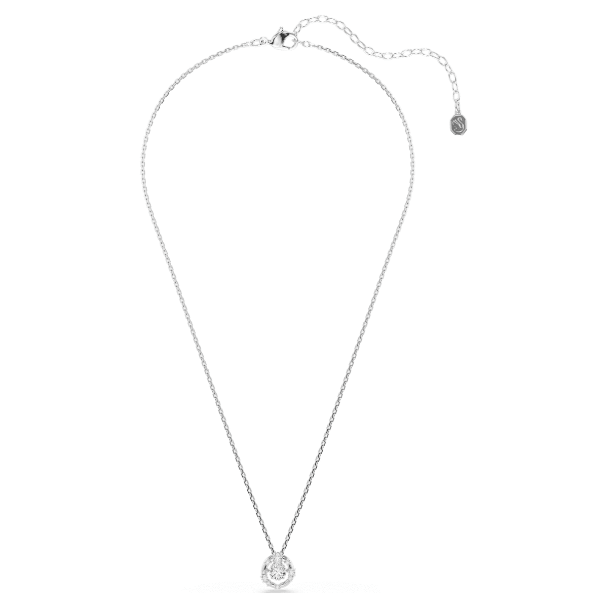 Full view of the Swarovski Constella pendant necklace showing the rhodium-plated chain, clasp, and extension chain.
