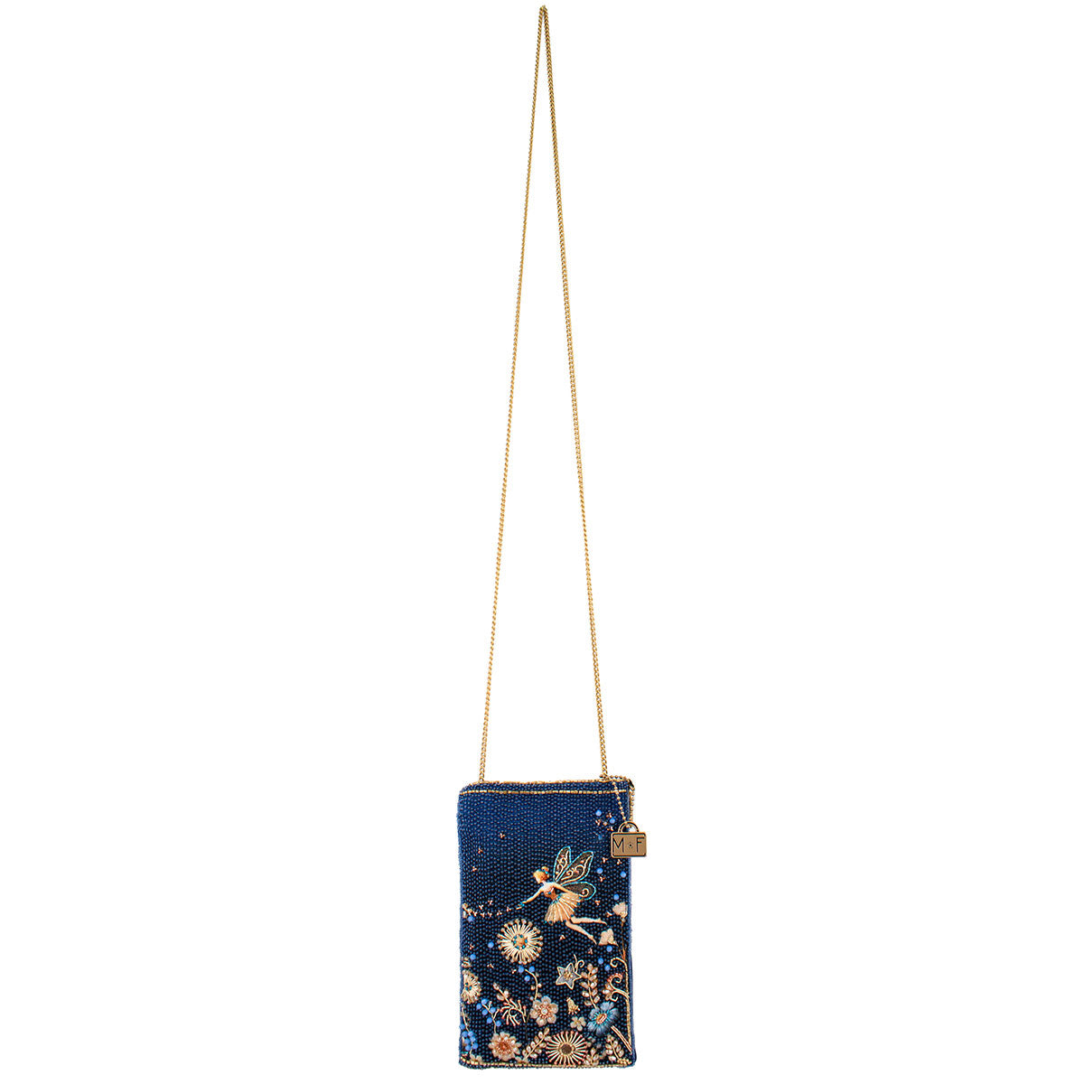 Embroidered blue pouch with fairy design on a white background
