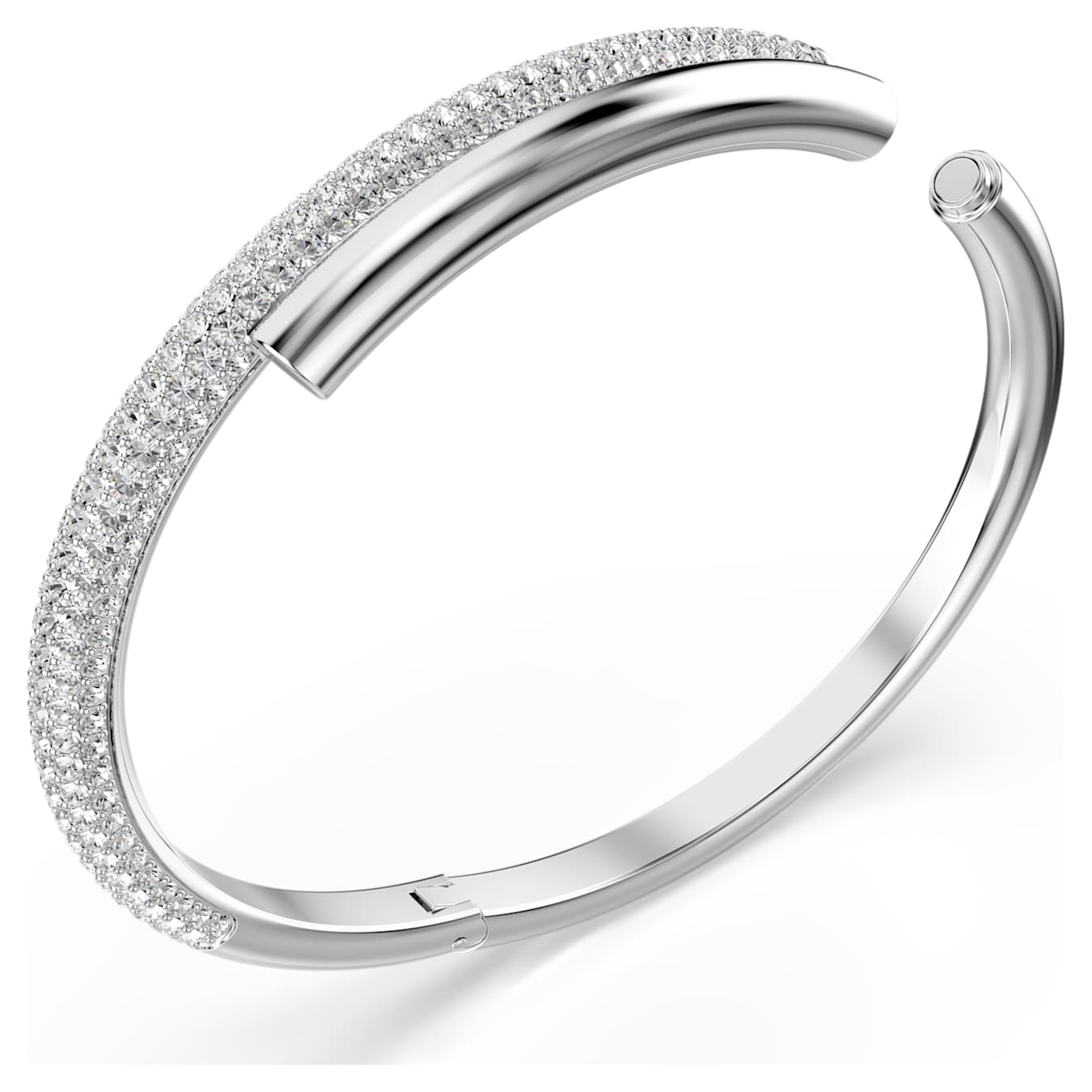 Silver tone bracelet with small stones on a white background