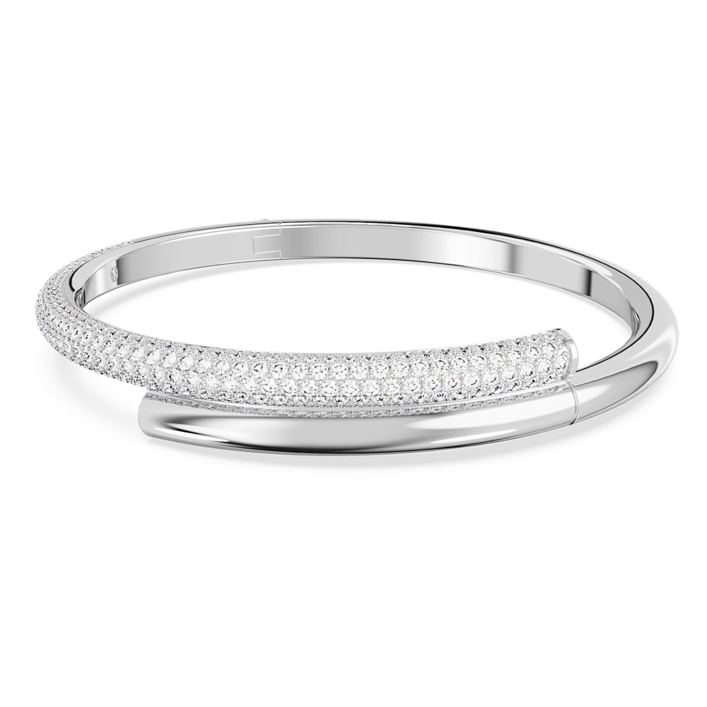 A white, rhodium-plated bangle bracelet with a magnetic closure and clear crystal embellishments.
