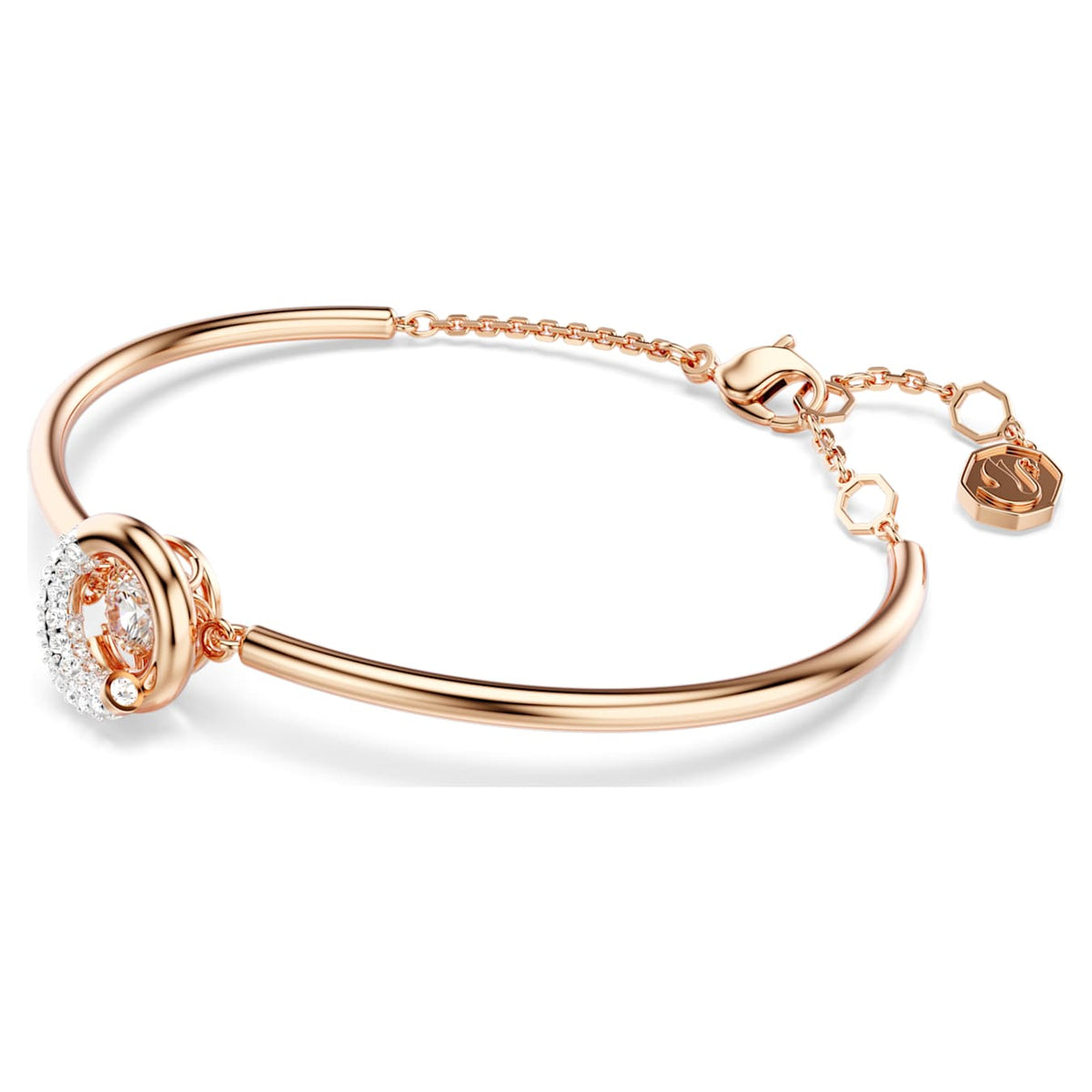 A white and rose gold-tone plated bangle bracelet with a round cut crystal centerpiece and adjustable chain on white background.