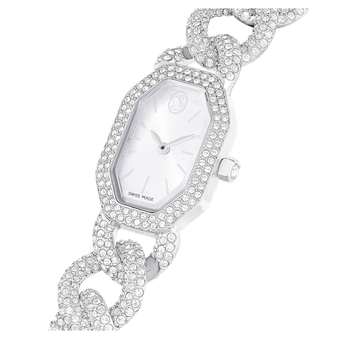 A silver tone Swarovski watch side view