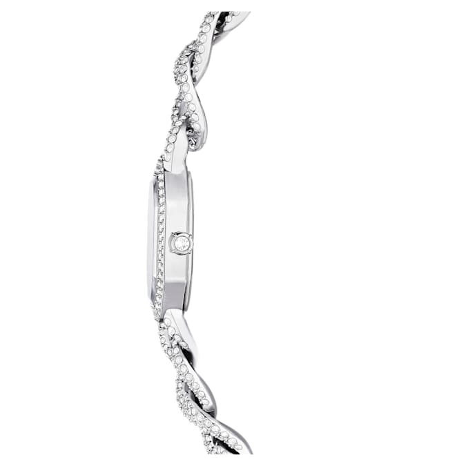 A silver tone Swarovski watch showing dial