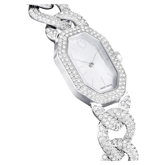A silver tone Swarovski watch close up