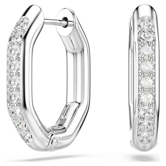 Silver hoop earrings with clear gemstones on a white background