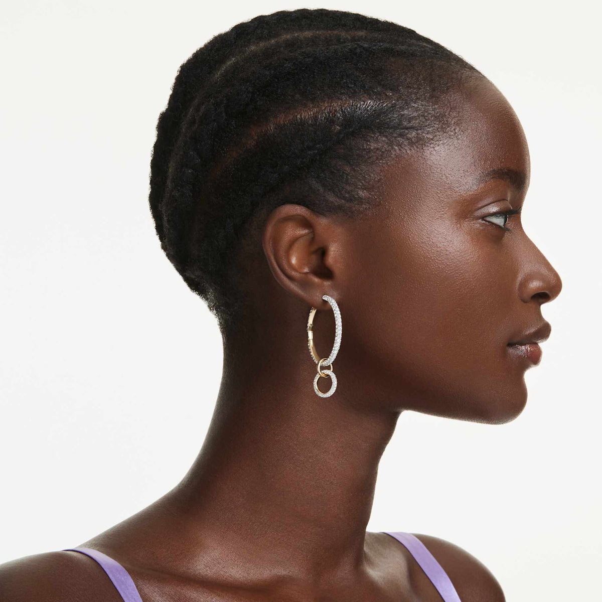 Dextera hoop earrings, Round cut, White, Gold-tone plated