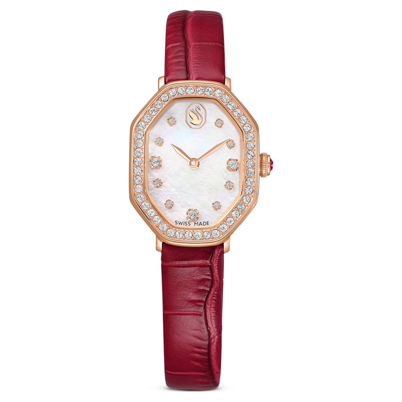 Watch with red strap and rose gold case on white background