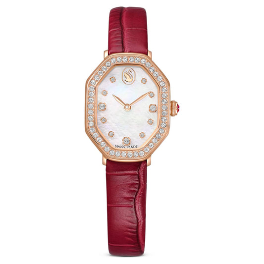 Watch with red strap and rose gold case on white background