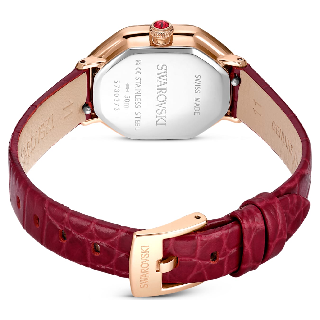 Swarovski watch with red strap and rose gold case on a white background