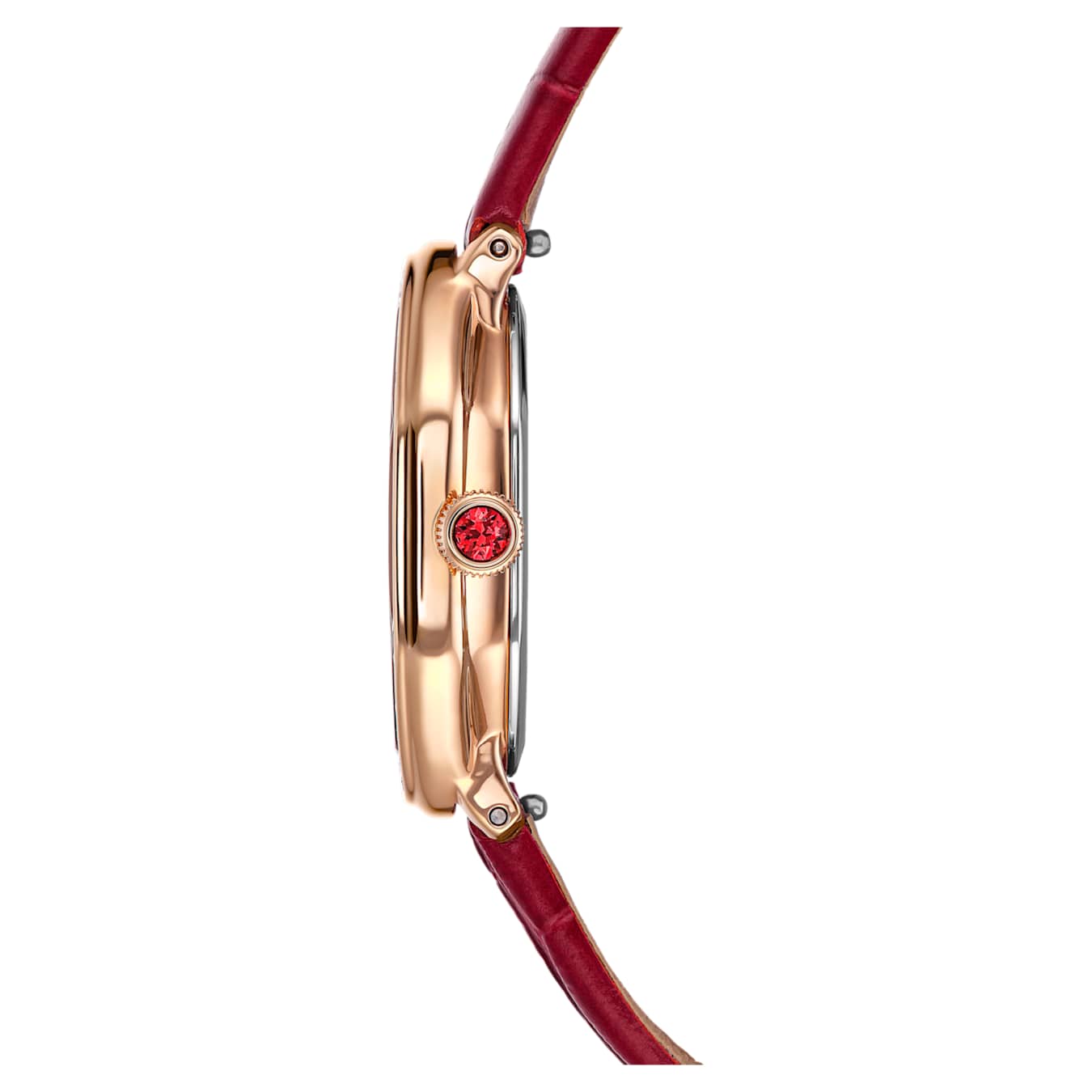 Close-up of a watch with a red strap and rose gold case on a white background