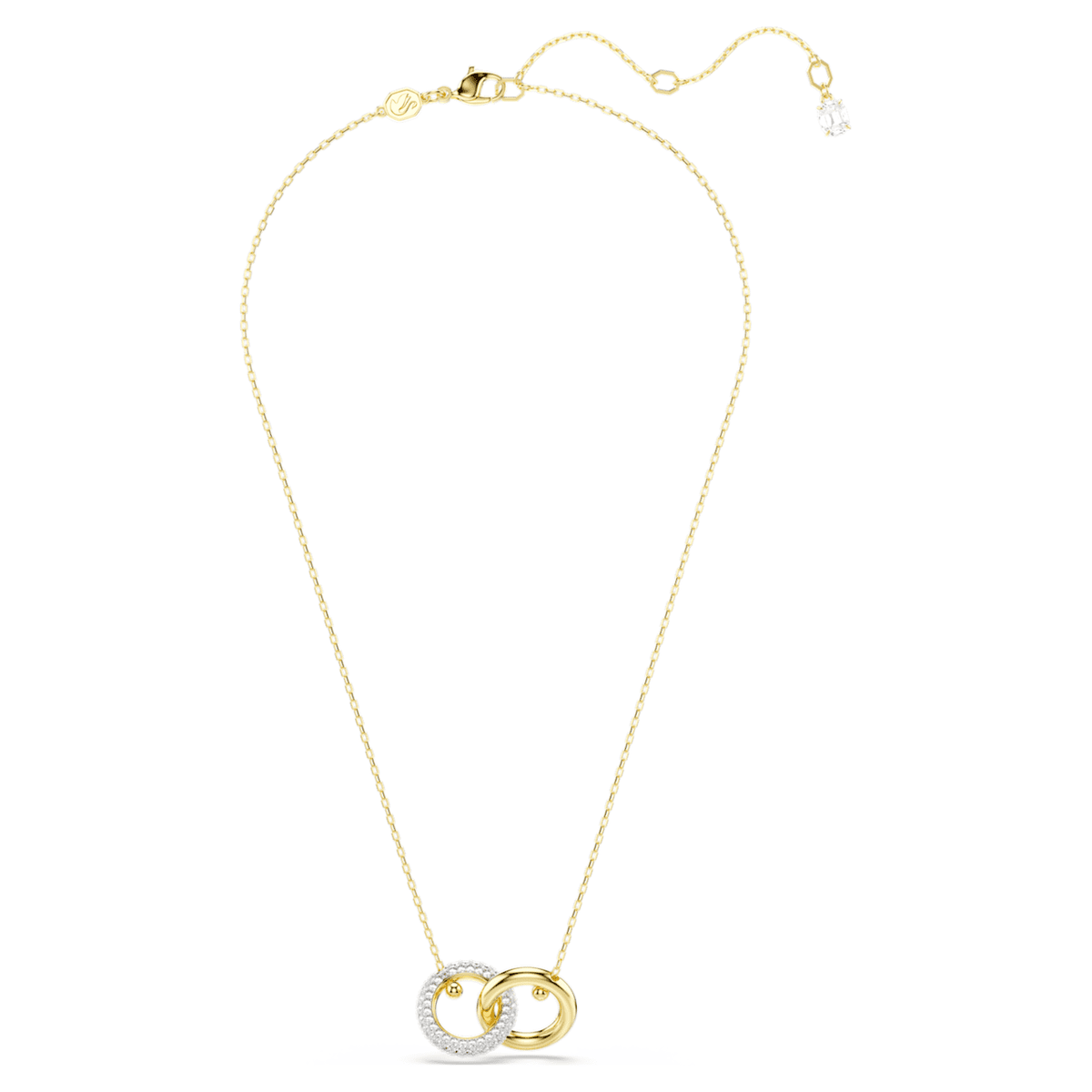 A full view of a gold-tone pendant with an interlocking loop design, featuring white (possibly Swarovski) crystals on the smaller circle.