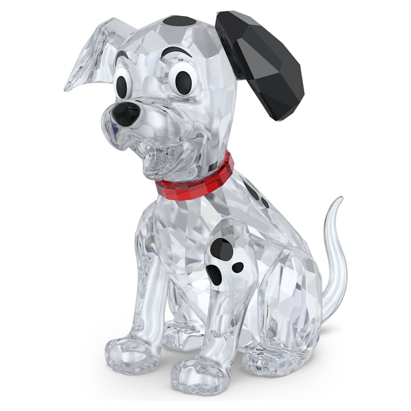 A crystal figurine of the dog character Lucky from Disney's 101 Dalmatians, with black spots, a red collar, and a cheerful expression.