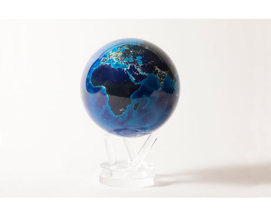 A 4.5 inch MOVA globe depicting the Earth at night, with illuminated city lights against a dark landmass, placed on a clear stand.