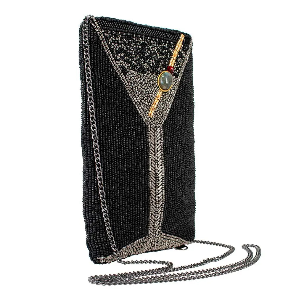 Black beaded handbag with chain strap on a white background