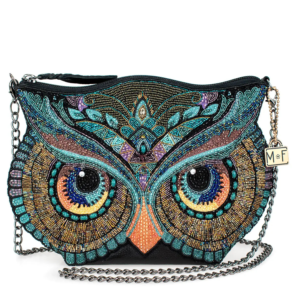 A multicolored beaded handbag in the shape of an owl's head with a metallic chain strap, featuring vibrant patterns and a chain-link design across the eyes.