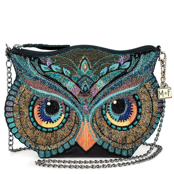 Head Turner Beaded Owl Head Crossbody Handbag