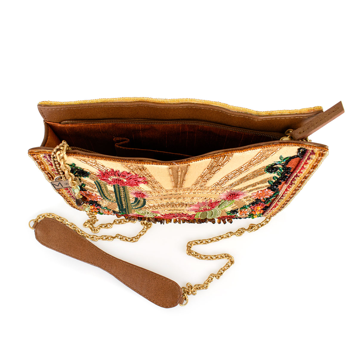 Embroidered clutch bag with floral design and chain strap on a light gray background