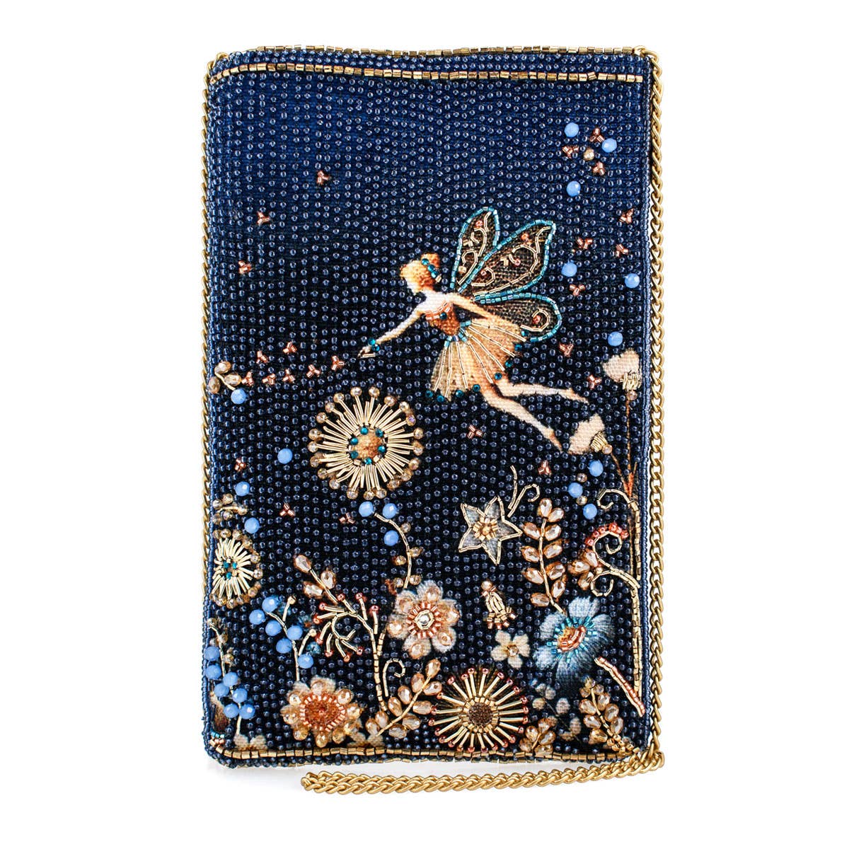 Decorative clutch with fairy and floral design on a dark blue background