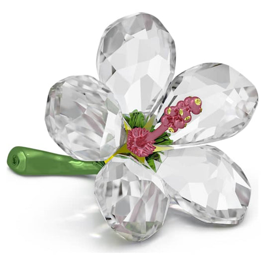 A small, radiant Hibiscus flower made of clear crystals with a green metal stem and pink metal pistil, with a total of 448 facets.