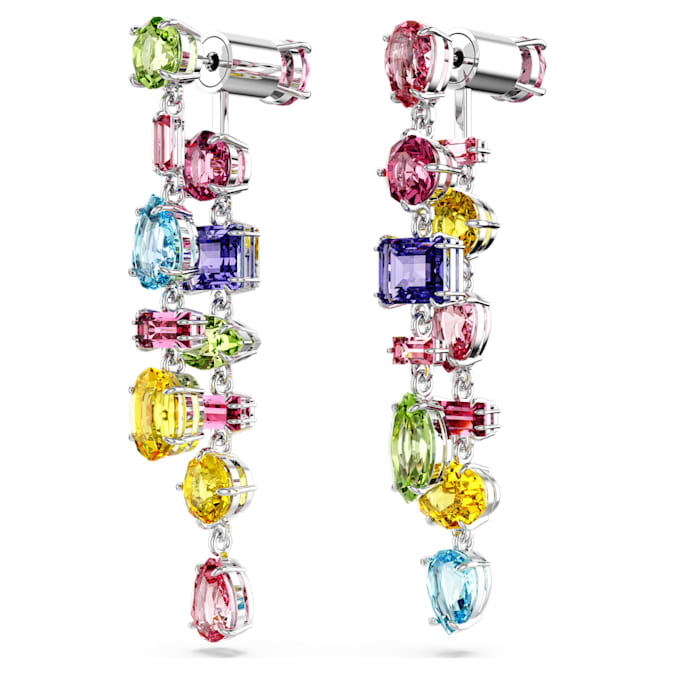 Gema drop earrings Asymmetrical design, Mixed cuts, Long, Multicolored, Rhodium plated 5656417