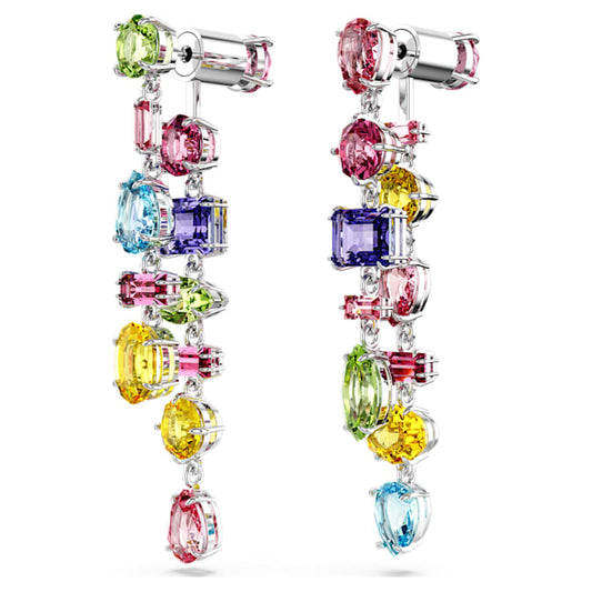 Gema drop earrings Asymmetrical design, Mixed cuts, Long, Multicolored, Rhodium plated 5656417