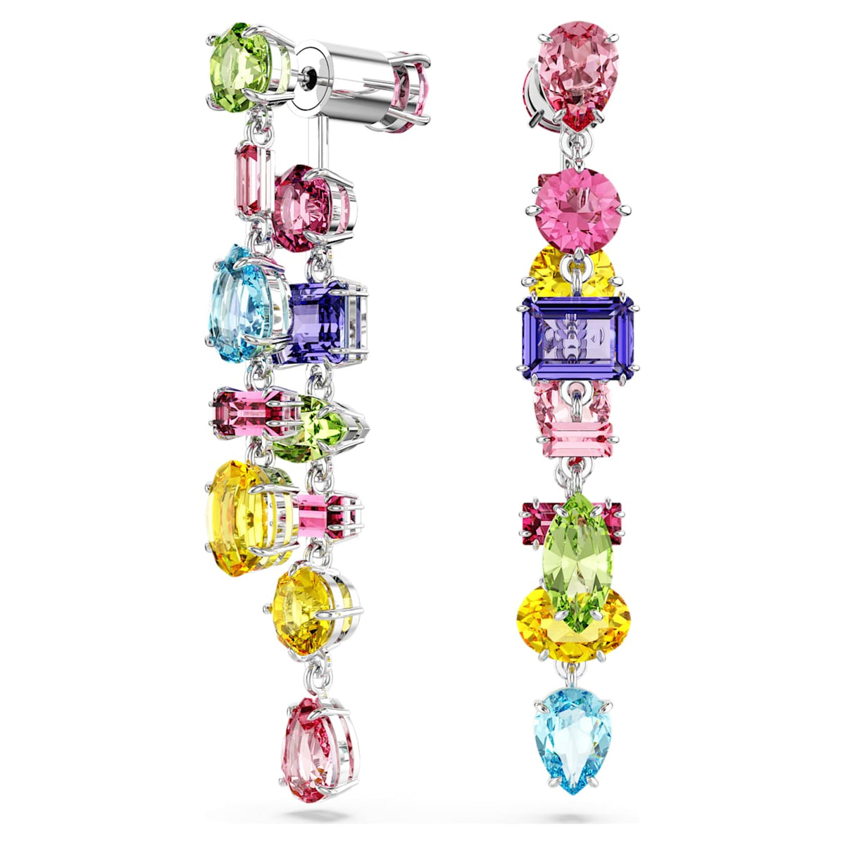 Gema drop earrings Asymmetrical design, Mixed cuts, Long, Multicolored, Rhodium plated 5656417
