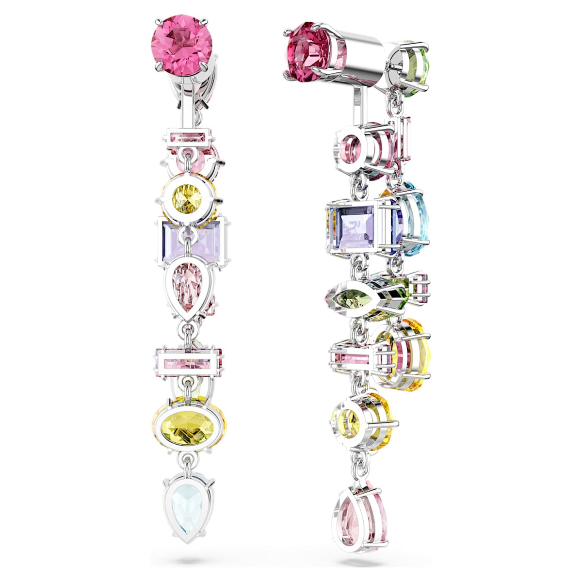 Gema drop earrings Asymmetrical design, Mixed cuts, Long, Multicolored, Rhodium plated 5656417