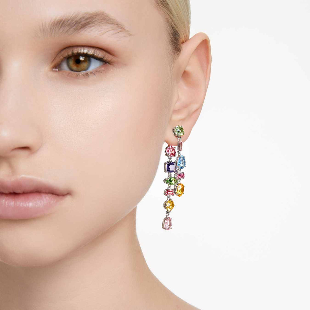 Gema drop earrings Asymmetrical design, Mixed cuts, Long, Multicolored, Rhodium plated 5656417