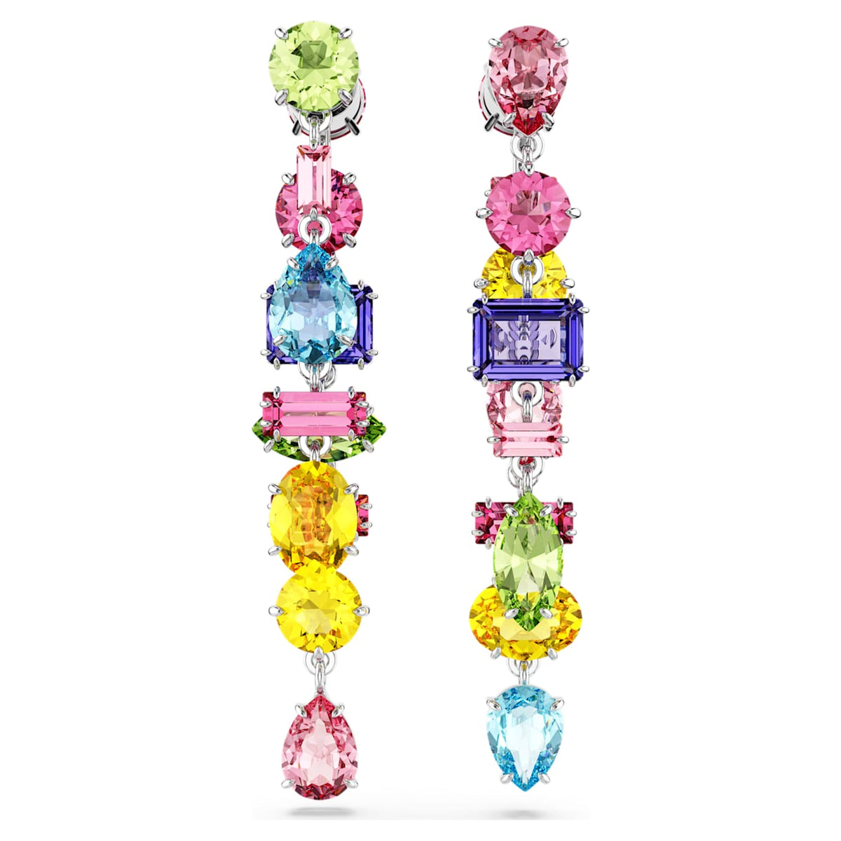Gema drop earrings Asymmetrical design, Mixed cuts, Long, Multicolored, Rhodium plated 5656417