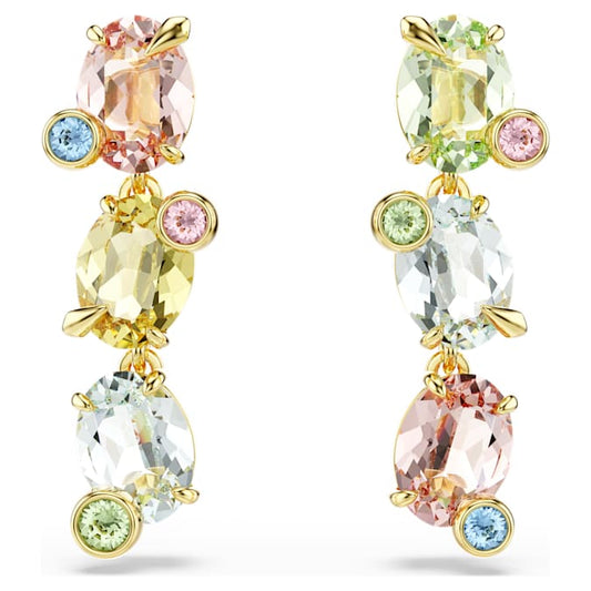 A pair of earring with pink, yellow and white main crystals.