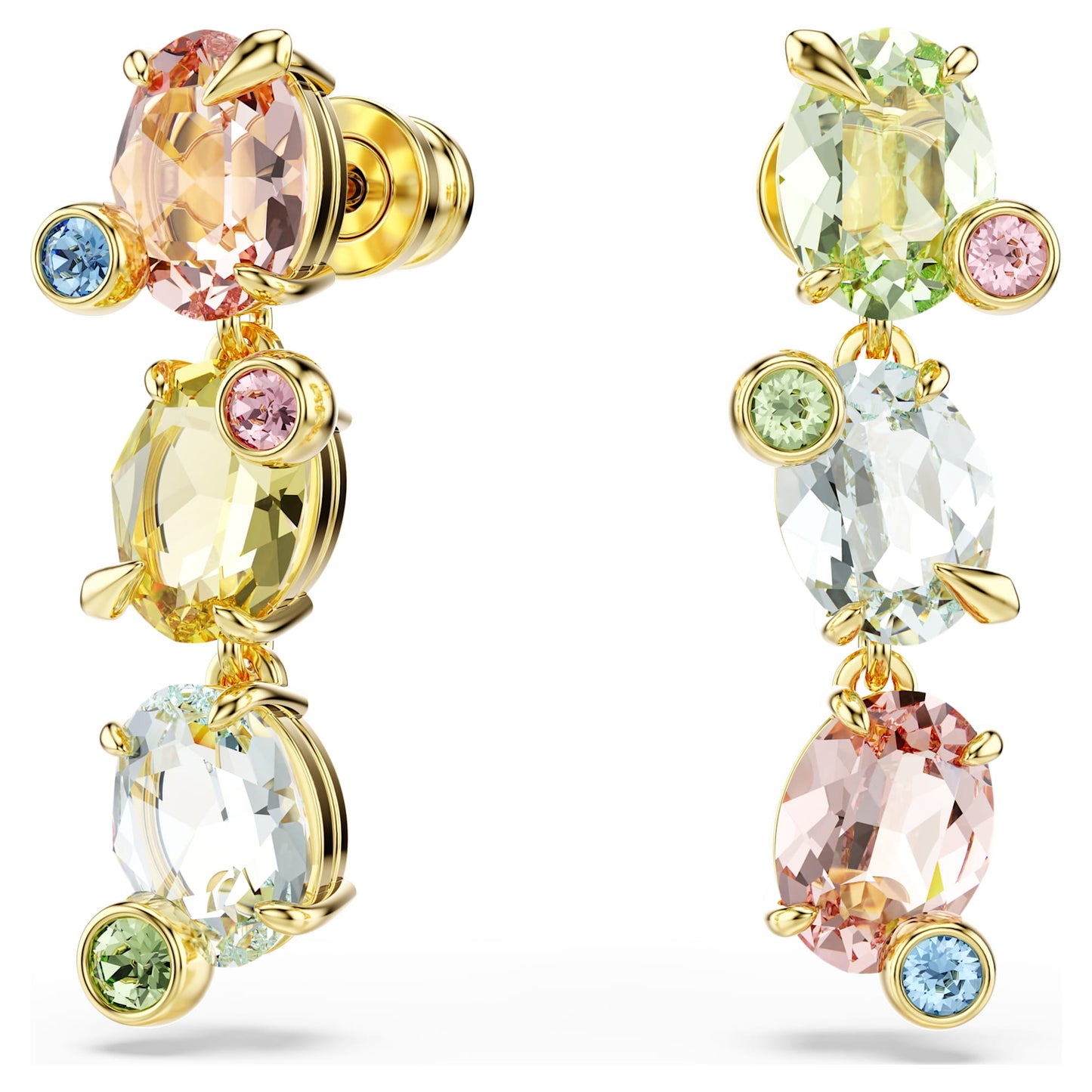 A pair of earring with pink, yellow and white main crystals.