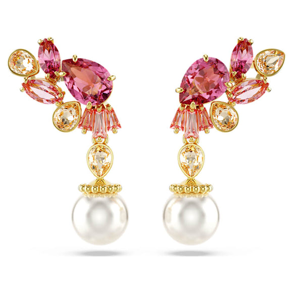Gema drop earrings
Mixed cuts, Crystal pearls, Flower, Pink, Gold-tone plated