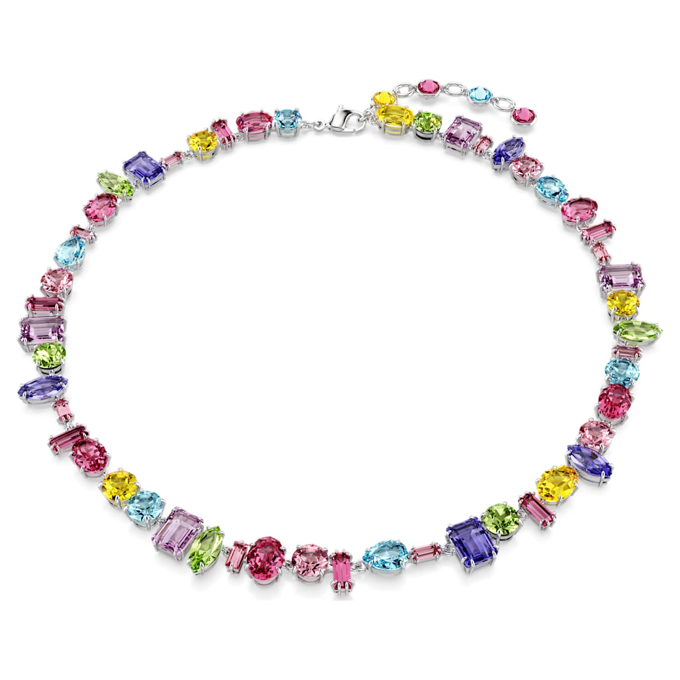 Multicolored gemstone necklace on a white background