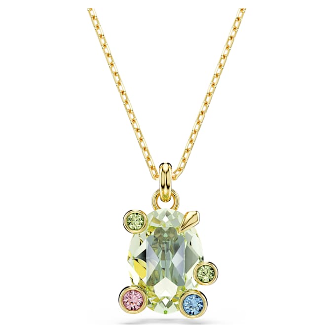 A gold-tone plated Swarovski Gema pendant with multicolored crystals, featuring a large green crystal surrounded by smaller crystals in a bubble prong setting.