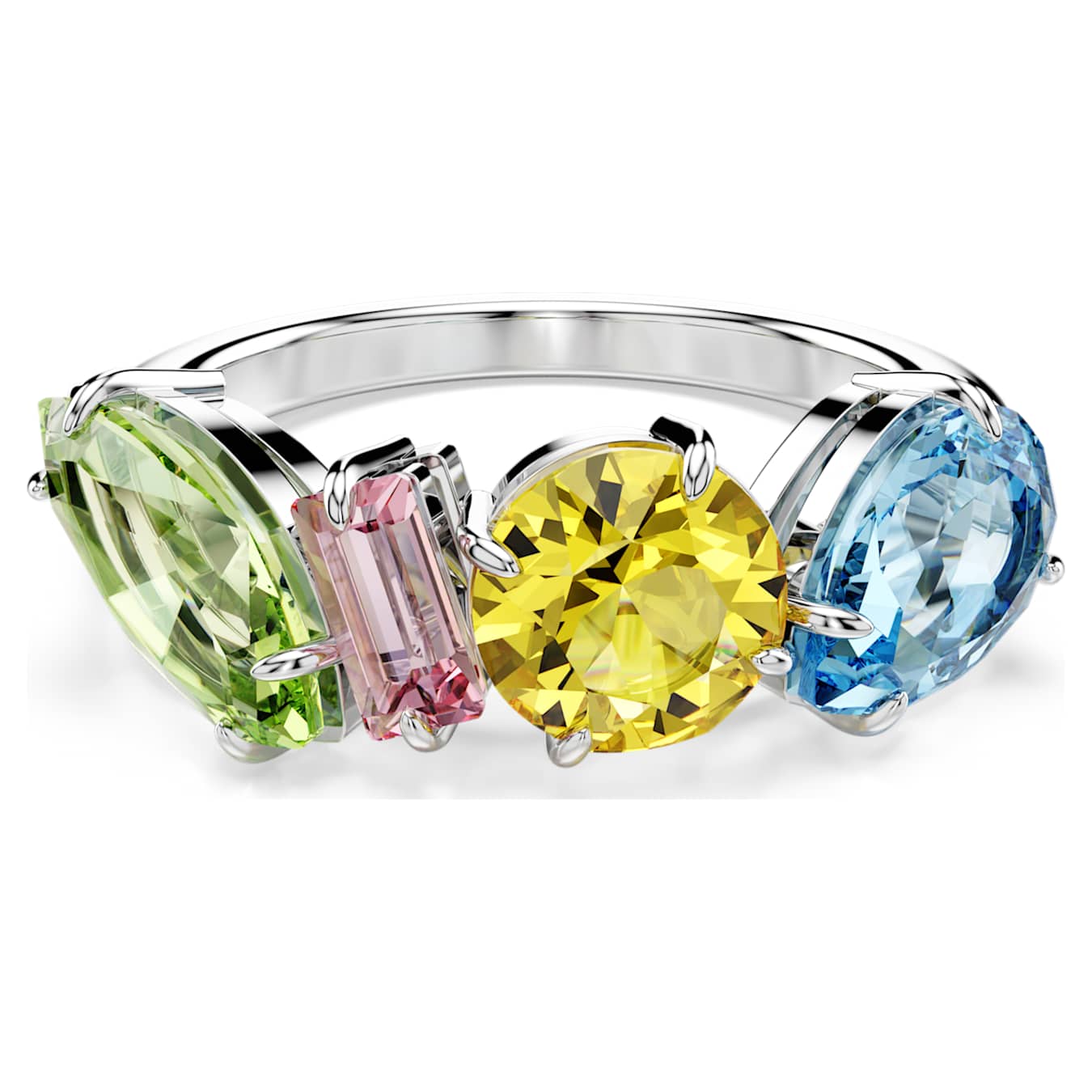 Ring with four colorful gemstones on a white background