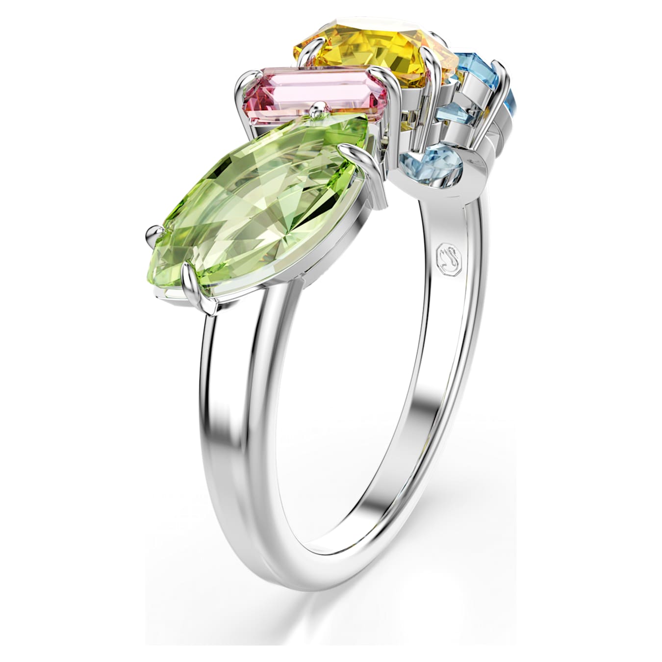 Ring with multicolored gemstones on a white background