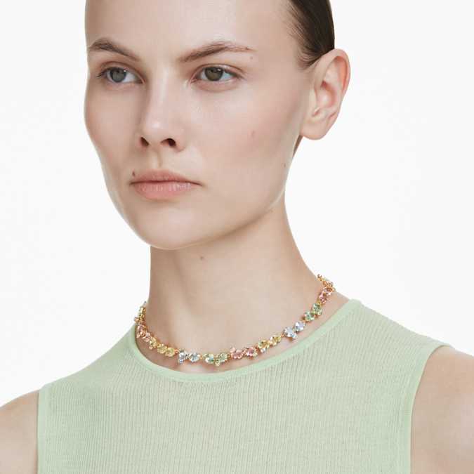 Gema Tennis necklace Mixed cuts, Multicolored, Gold-tone plated on model.