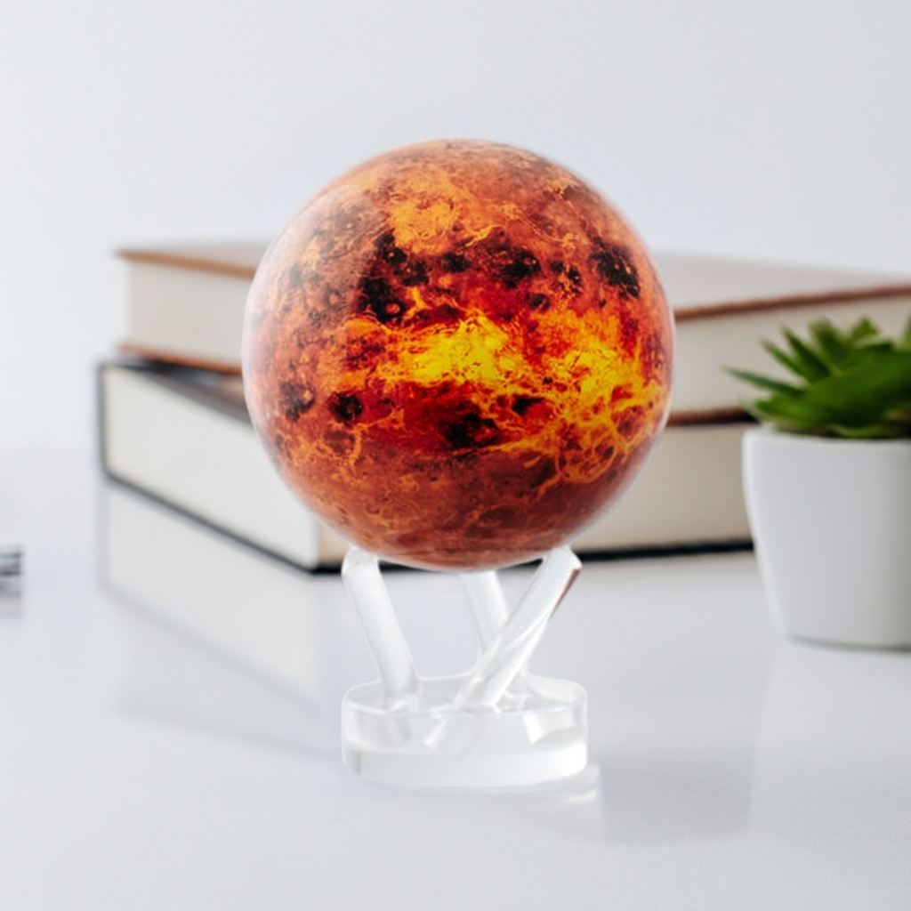A 4.5 inch diameter globe representing the planet Venus with a bold red and orange color scheme, placed on a table.