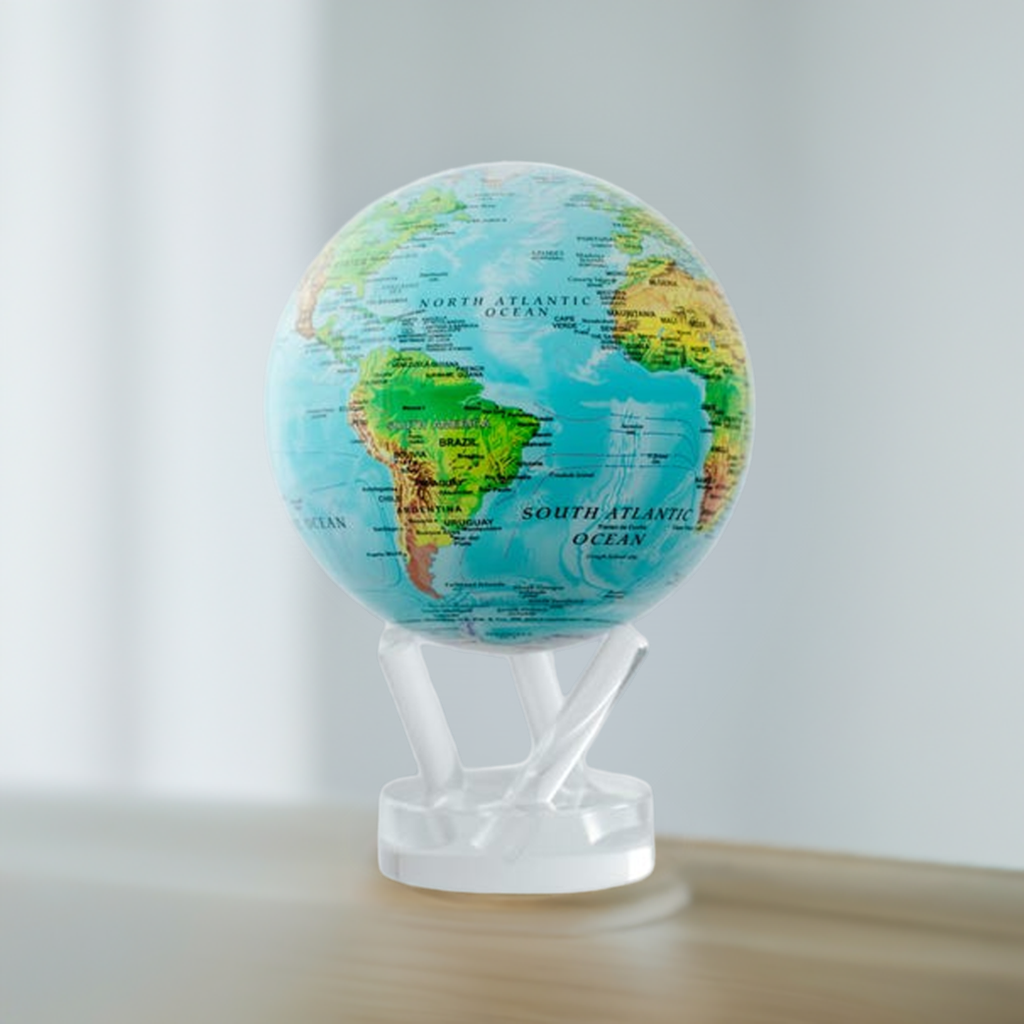 A blue and green globe in white background. 