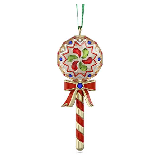 A festive lollipop-shaped ornament with multicolored patterns and a red ribbon, designed for seasonal decoration.
