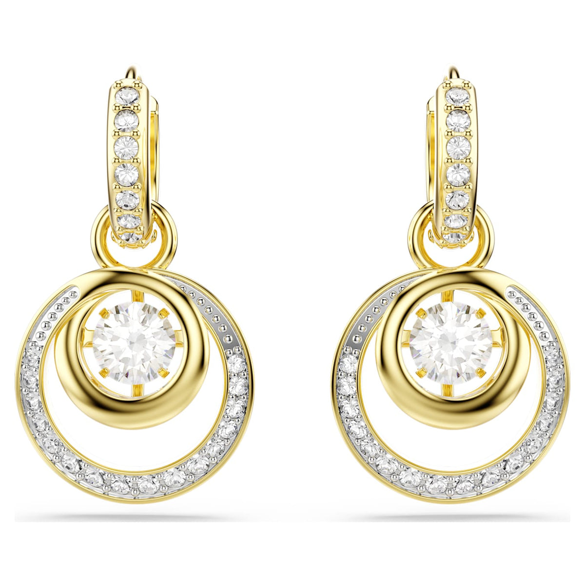 Hyperbola drop earrings, Round cut, White, Gold-tone plated