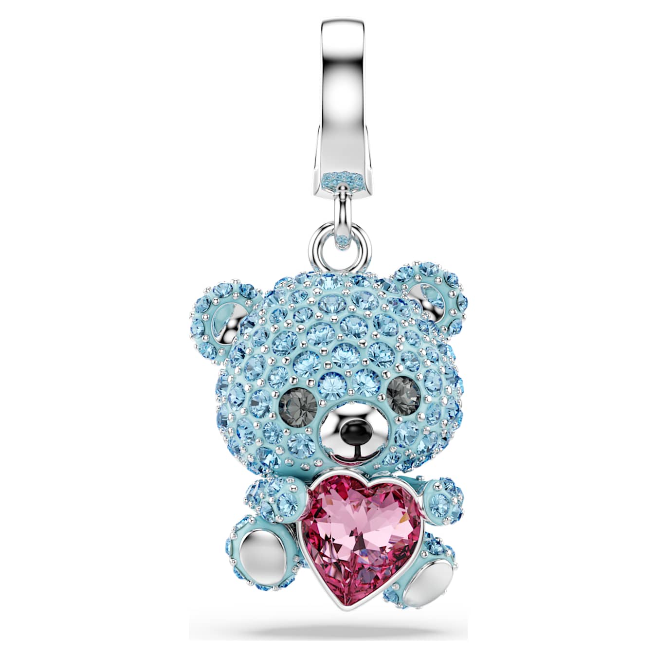 Blue teddy bear charm with a pink heart on a white background