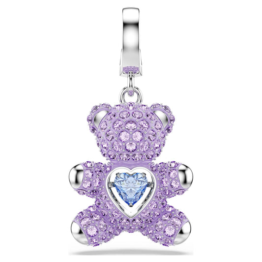 Purple teddy bear charm with a heart-shaped gem on a white background