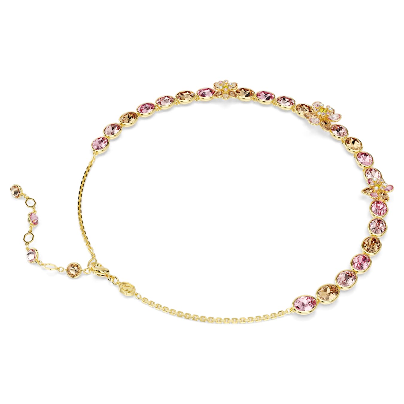 Gold bracelet with pink and yellow gemstones on a white background