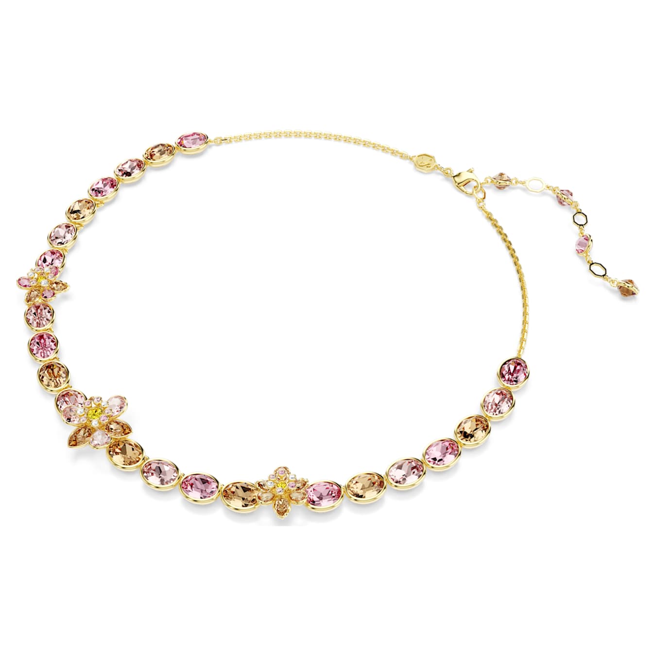 Gold necklace with pink and yellow gemstones on a white background