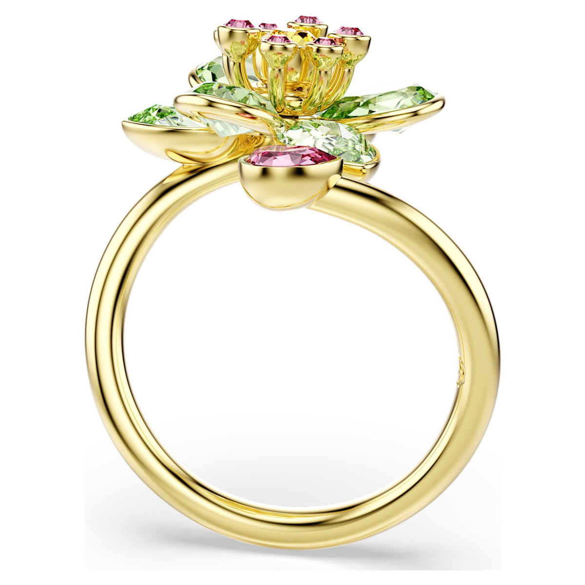 Idyllia open ring Mixed cuts, Flower, Green, Gold-tone plated