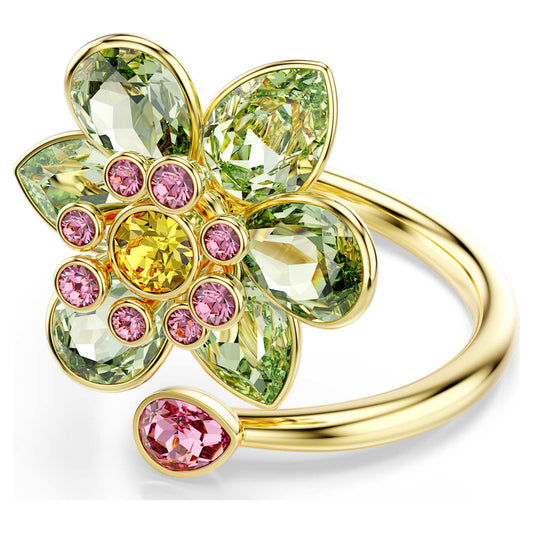 Gold ring with green and pink gemstones on a white background