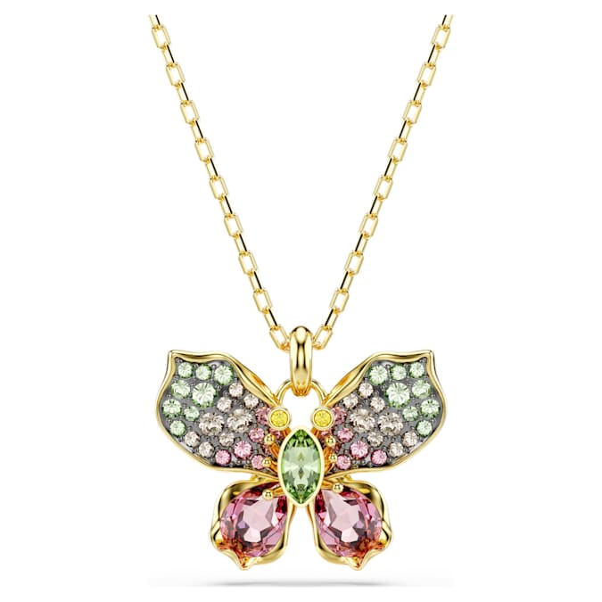 A gold-tone plated chain and features a butterfly that is decorated in crystals of varying shapes and colors.