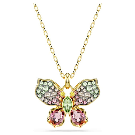 A gold-tone plated chain and features a butterfly that is decorated in crystals of varying shapes and colors.