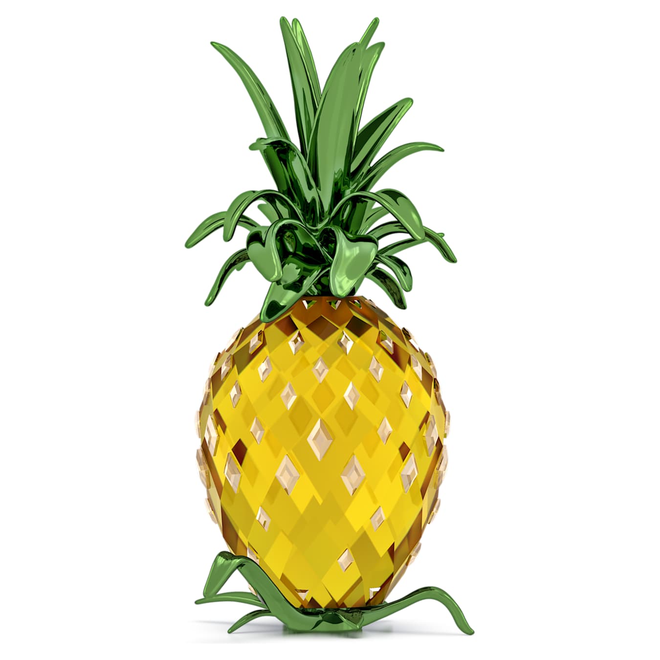 A crystal pineapple display with a glossy lacquered green metal leaf top, featuring a yellow textured body.